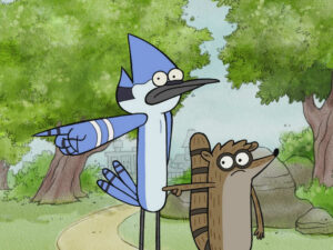 Rigby and Mordecai from Regular Show pointing