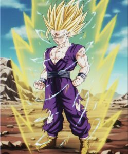 A screenshot of Gohan, from Dragon Ball Z, in Super Saiyan 2 form