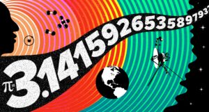 A colorized graphic of the first 16 digits of Pi, placed in space.